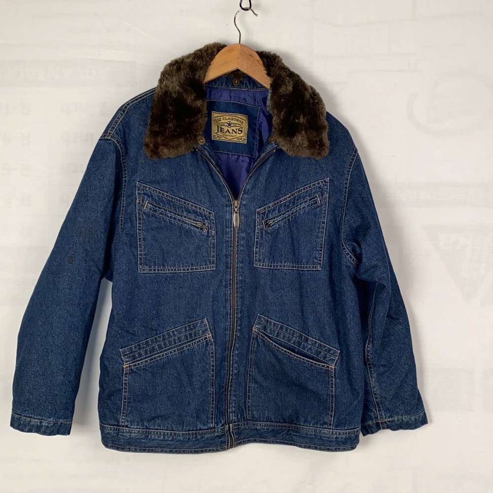 Liz Claiborne Jeans Jacket Girls L Blue Denim Cotton Faux Fur Collar Zip Up